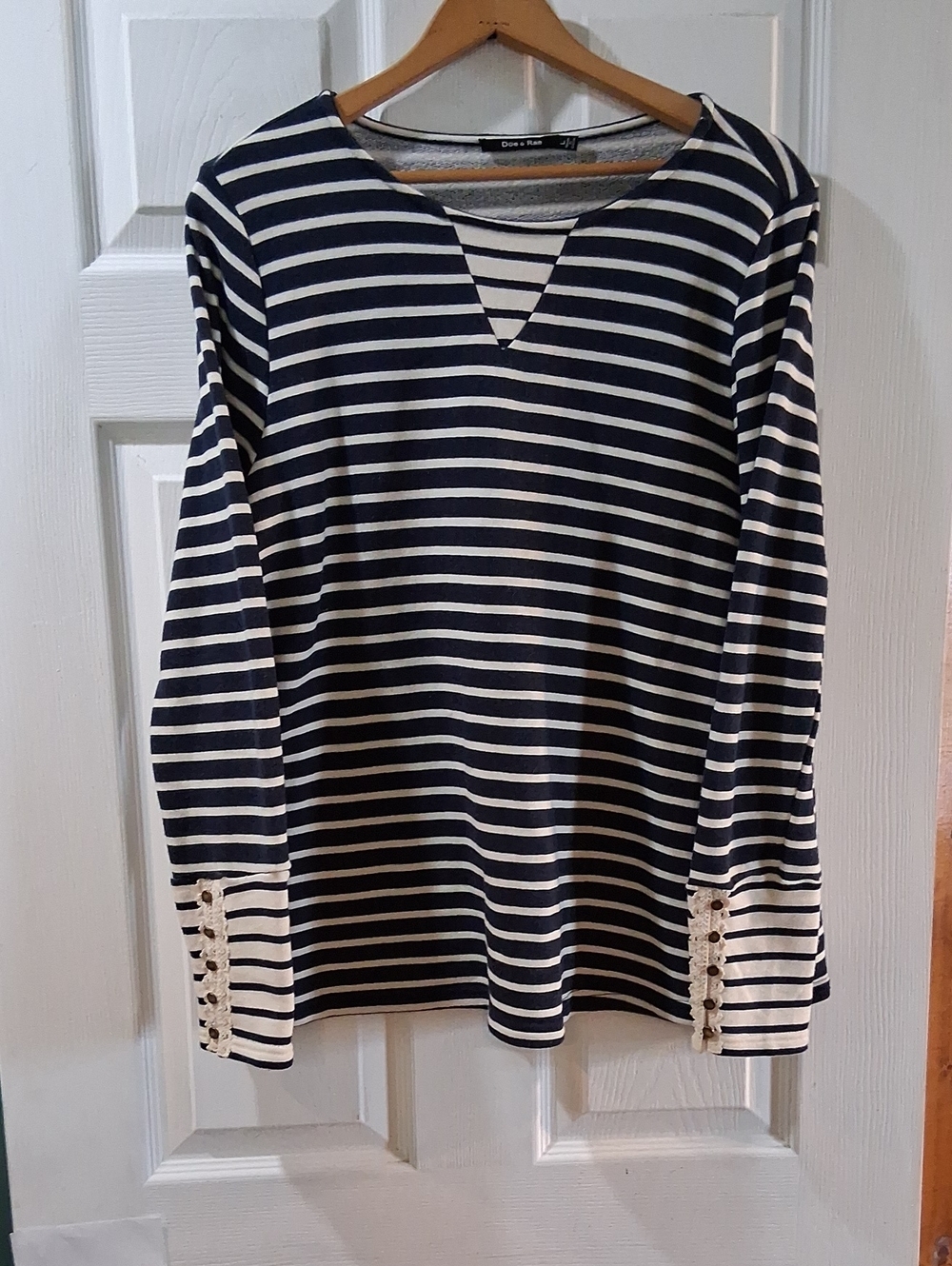 Doe & Rae Navy and White Striped V-Notch Long Sleeve Top With Lace Detail